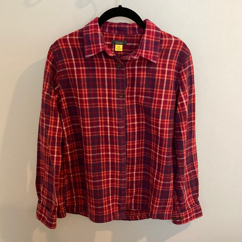 Cabela’s flannel shirt, women’s S, pink and purple